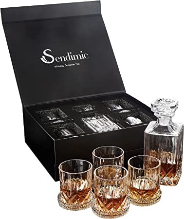 Sendimic 9 Piece Vintage Whiskey Dispenser 4 Coasters Unique Luxury Black Gift Box for Whiskey, Scotch, Bourbon, Rum and More