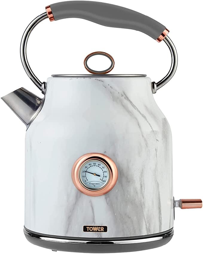 Tower Bottega T10020WMRG Traditional Kettle, Quick Boil, with Temperature Dial, Dry Out Protection, Automatic Shut Off, Silent, Stainless Steel, 3000 W, 1.7 L, Marble and Rose Gold